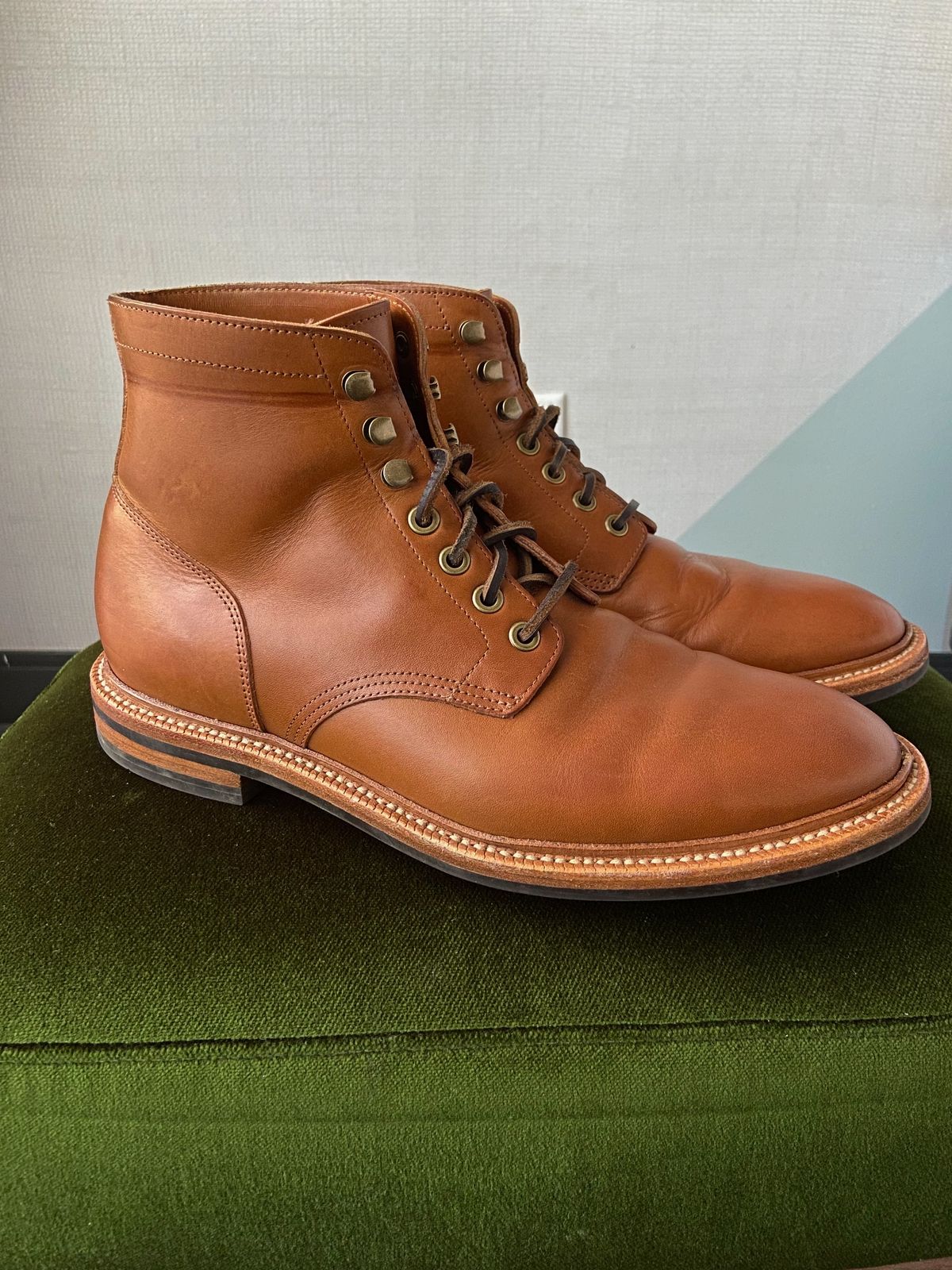 Photo by cuffcheckdenim on November 3, 2023 of the Grant Stone Diesel Boot in Badalassi Carlo Saddle Tan Minerva.