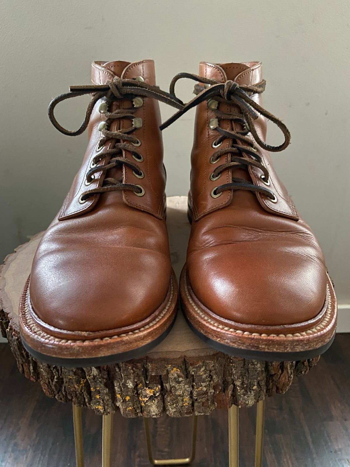 Photo by cuffcheckdenim on December 5, 2023 of the Grant Stone Diesel Boot in Badalassi Carlo Saddle Tan Minerva.