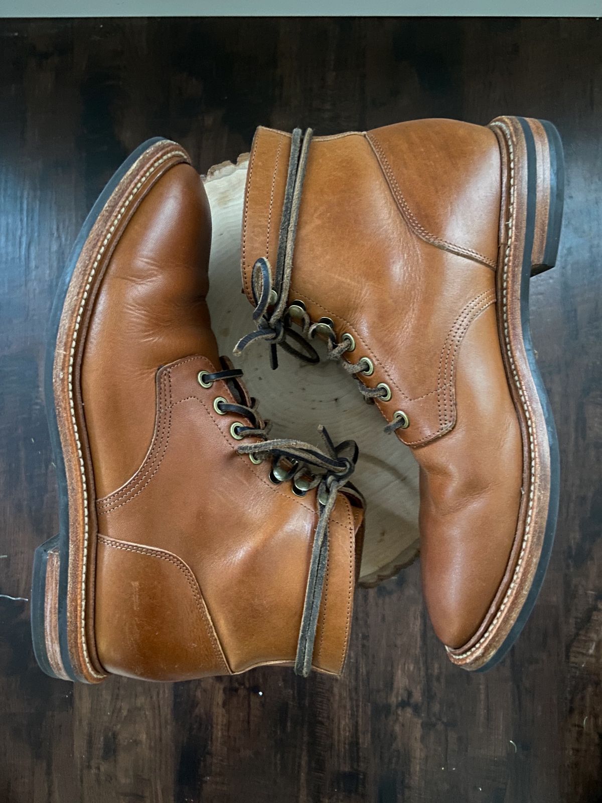Photo by cuffcheckdenim on December 5, 2023 of the Grant Stone Diesel Boot in Badalassi Carlo Saddle Tan Minerva.