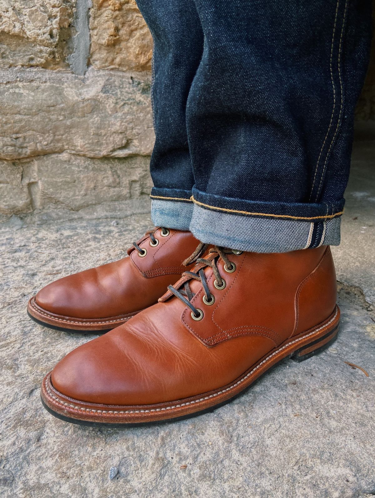 Photo by cuffcheckdenim on January 5, 2024 of the Grant Stone Diesel Boot in Badalassi Carlo Saddle Tan Minerva.