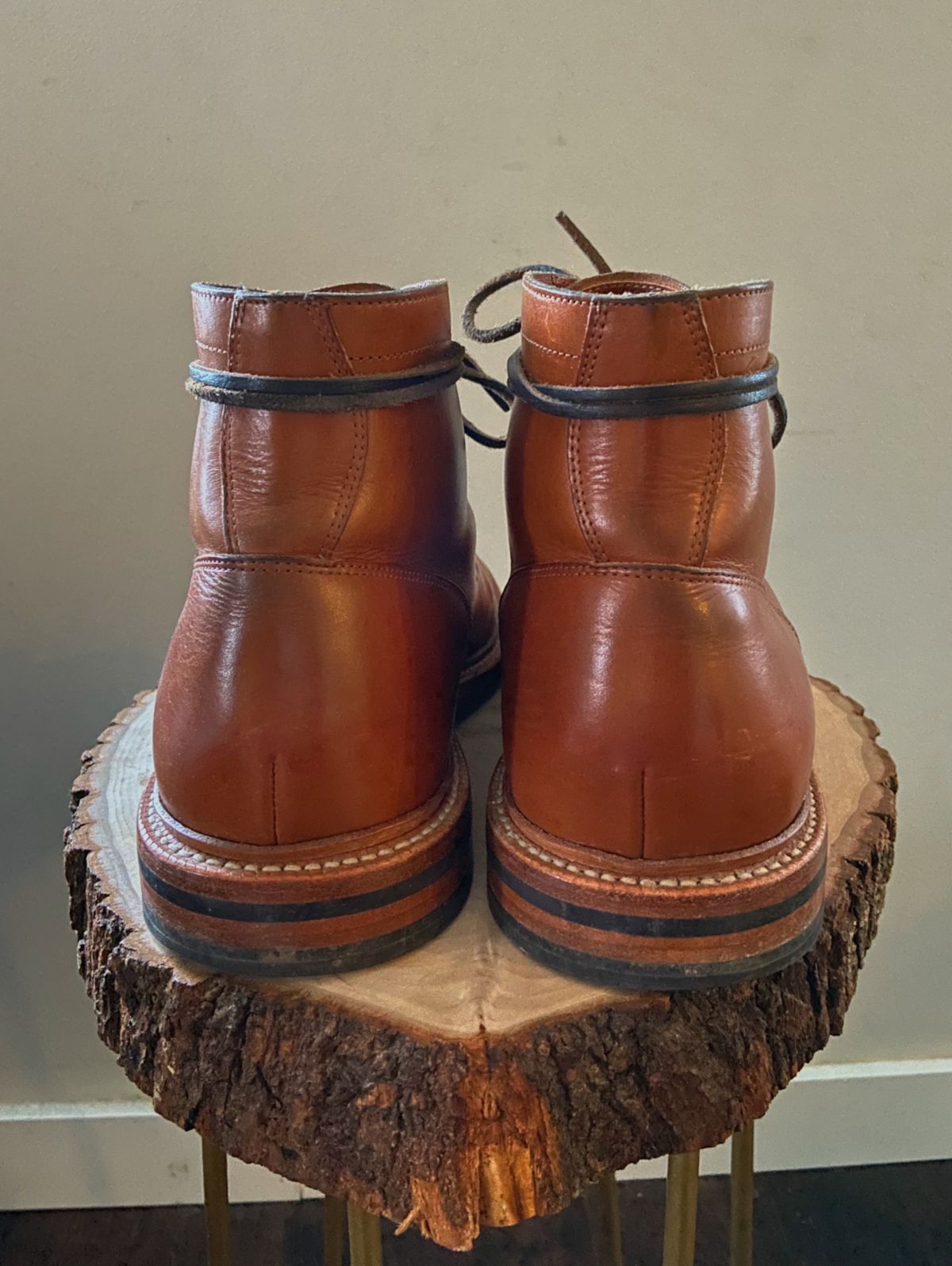 Photo by cuffcheckdenim on January 5, 2024 of the Grant Stone Diesel Boot in Badalassi Carlo Saddle Tan Minerva.