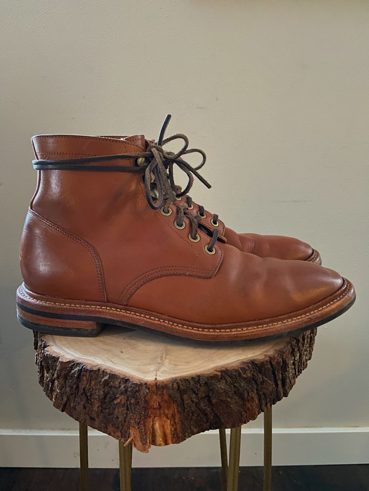Photo by cuffcheckdenim on January 5, 2024 of the Grant Stone Diesel Boot in Badalassi Carlo Saddle Tan Minerva.