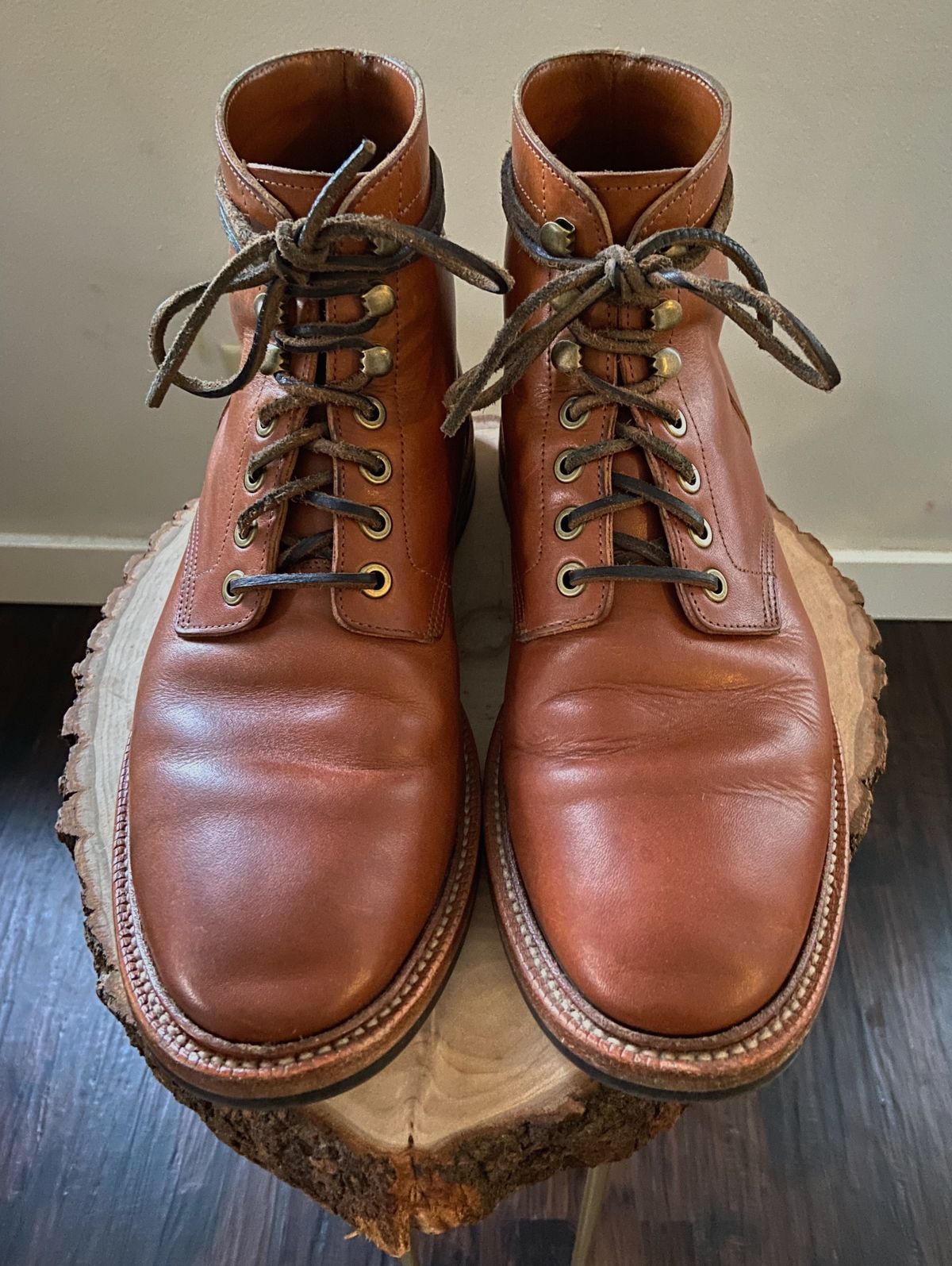 Photo by cuffcheckdenim on January 5, 2024 of the Grant Stone Diesel Boot in Badalassi Carlo Saddle Tan Minerva.