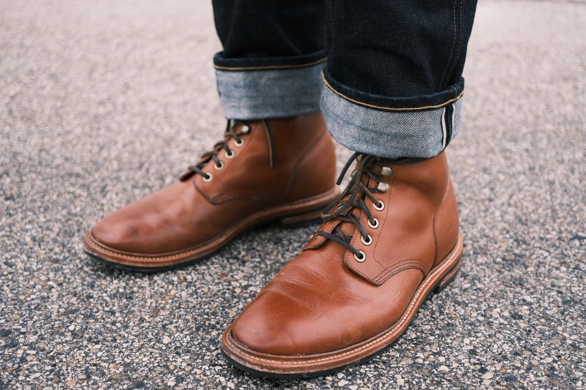 Photo by cuffcheckdenim on February 1, 2024 of the Grant Stone Diesel Boot in Badalassi Carlo Saddle Tan Minerva.