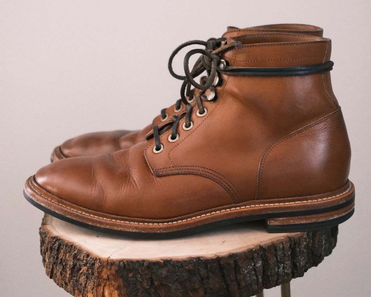 Photo by cuffcheckdenim on February 1, 2024 of the Grant Stone Diesel Boot in Badalassi Carlo Saddle Tan Minerva.