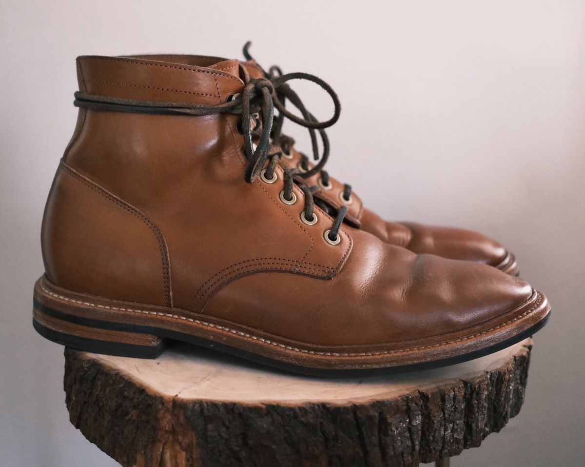 Photo by cuffcheckdenim on February 1, 2024 of the Grant Stone Diesel Boot in Badalassi Carlo Saddle Tan Minerva.