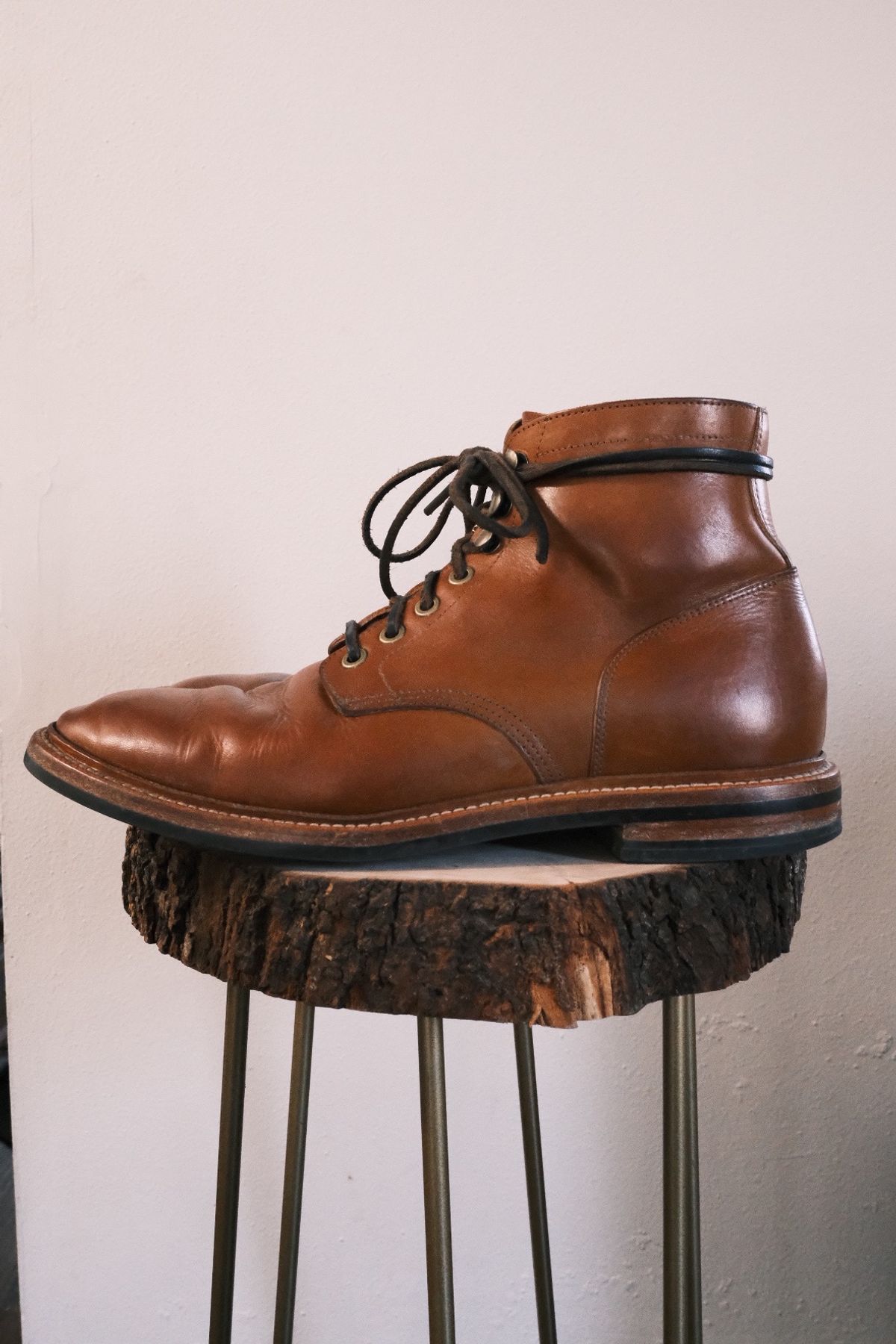 Photo by cuffcheckdenim on March 2, 2024 of the Grant Stone Diesel Boot in Badalassi Carlo Saddle Tan Minerva.