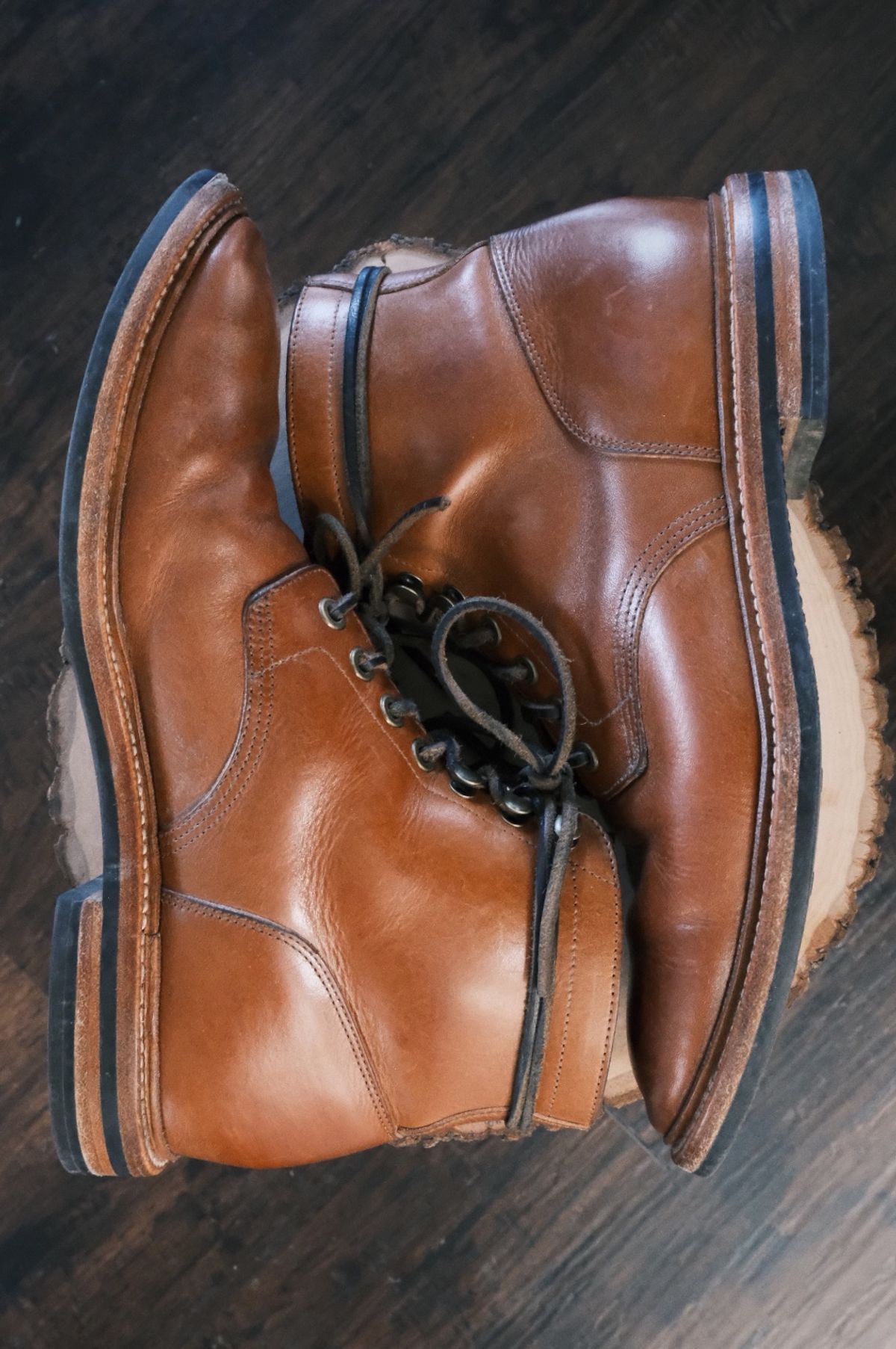 Photo by cuffcheckdenim on March 2, 2024 of the Grant Stone Diesel Boot in Badalassi Carlo Saddle Tan Minerva.