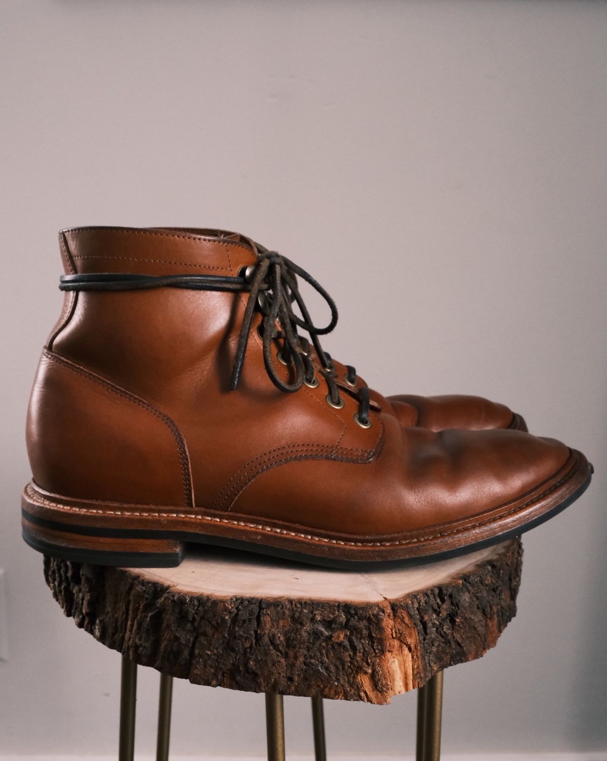 Photo by cuffcheckdenim on April 4, 2024 of the Grant Stone Diesel Boot in Badalassi Carlo Saddle Tan Minerva.