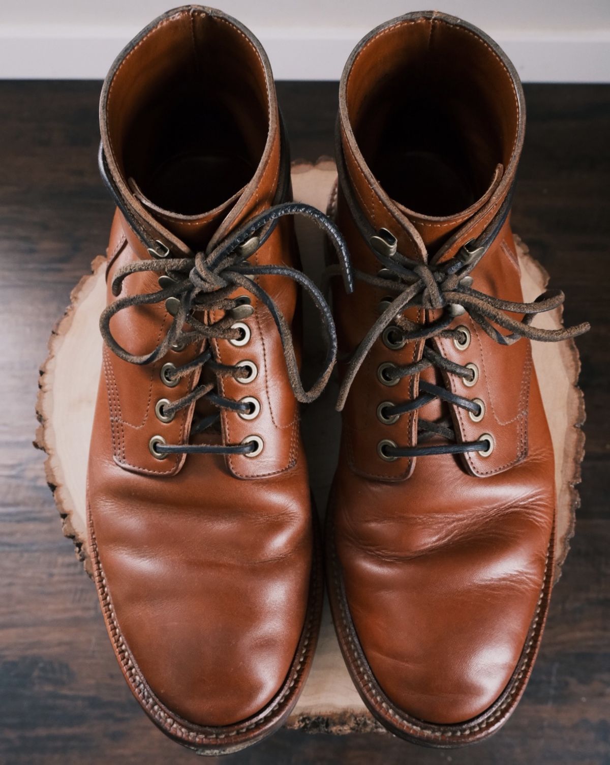 Photo by cuffcheckdenim on April 4, 2024 of the Grant Stone Diesel Boot in Badalassi Carlo Saddle Tan Minerva.