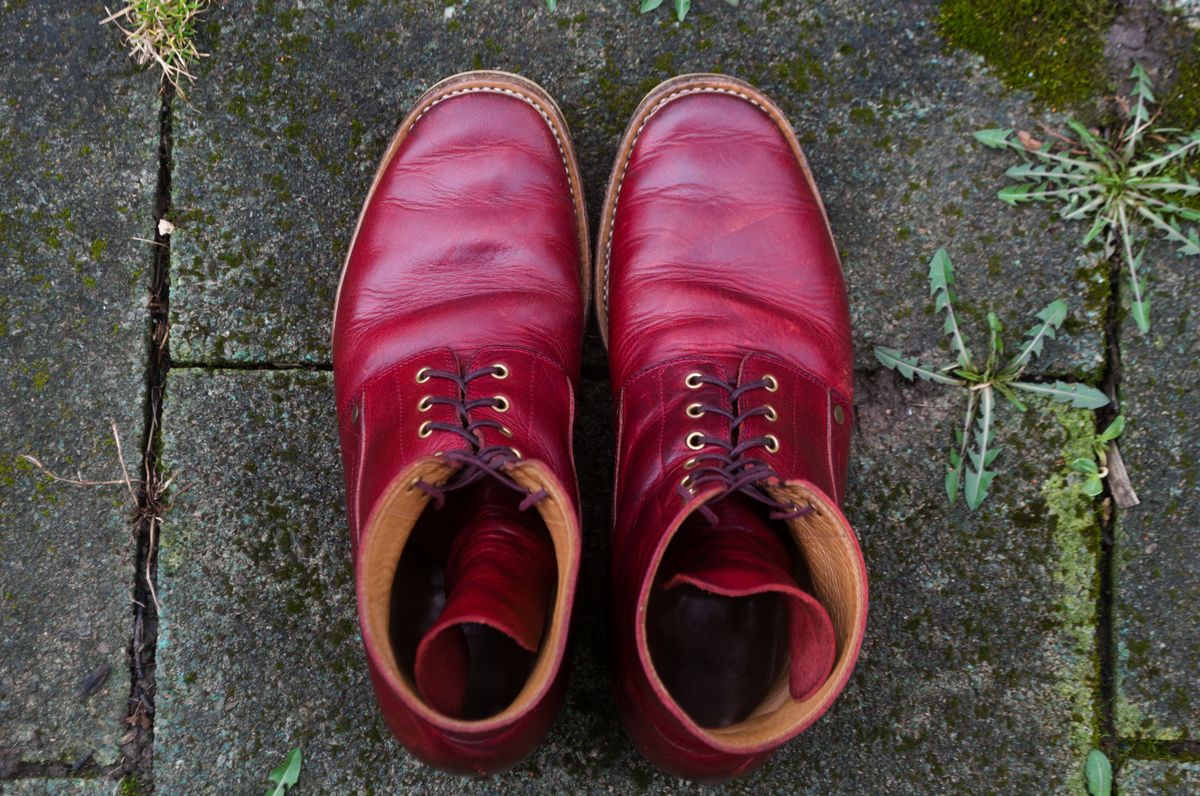 Photo by Oldmanblooming on March 2, 2024 of the WM1978 French Army Boot in Horween London Bus Red Dublin.