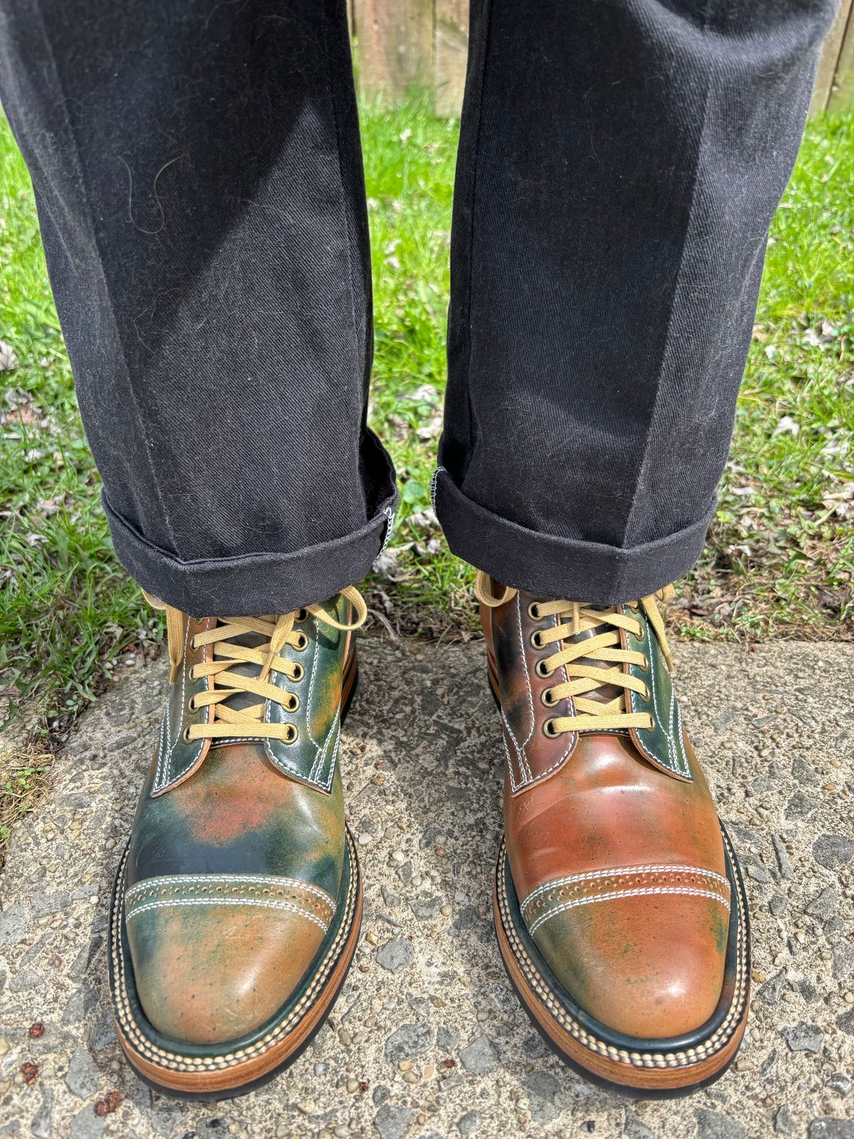 Photo by Oldmanblooming on April 9, 2024 of the Flame Panda Service Boot in Horween Marbled Black Shell Cordovan.