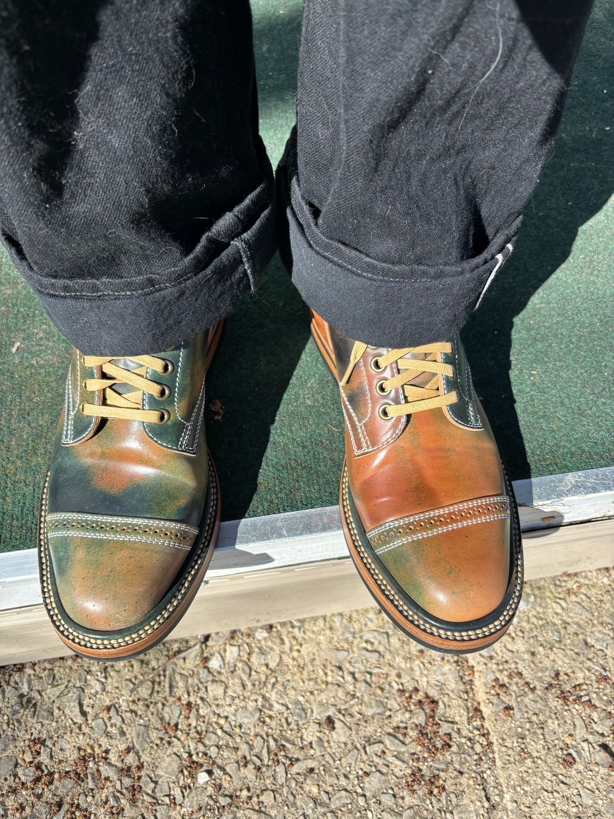 Photo by Oldmanblooming on March 29, 2024 of the Flame Panda Service Boot in Horween Marbled Black Shell Cordovan.