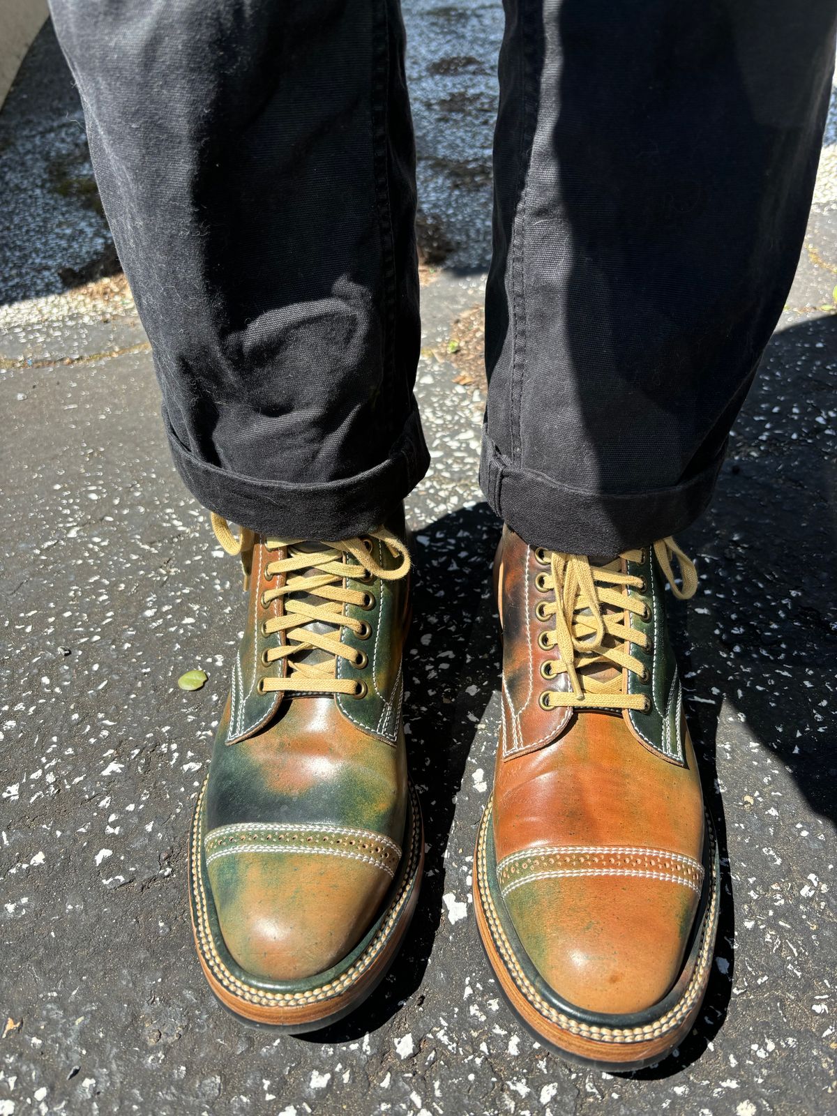 Photo by Oldmanblooming on April 22, 2024 of the Flame Panda Service Boot in Horween Marbled Black Shell Cordovan.