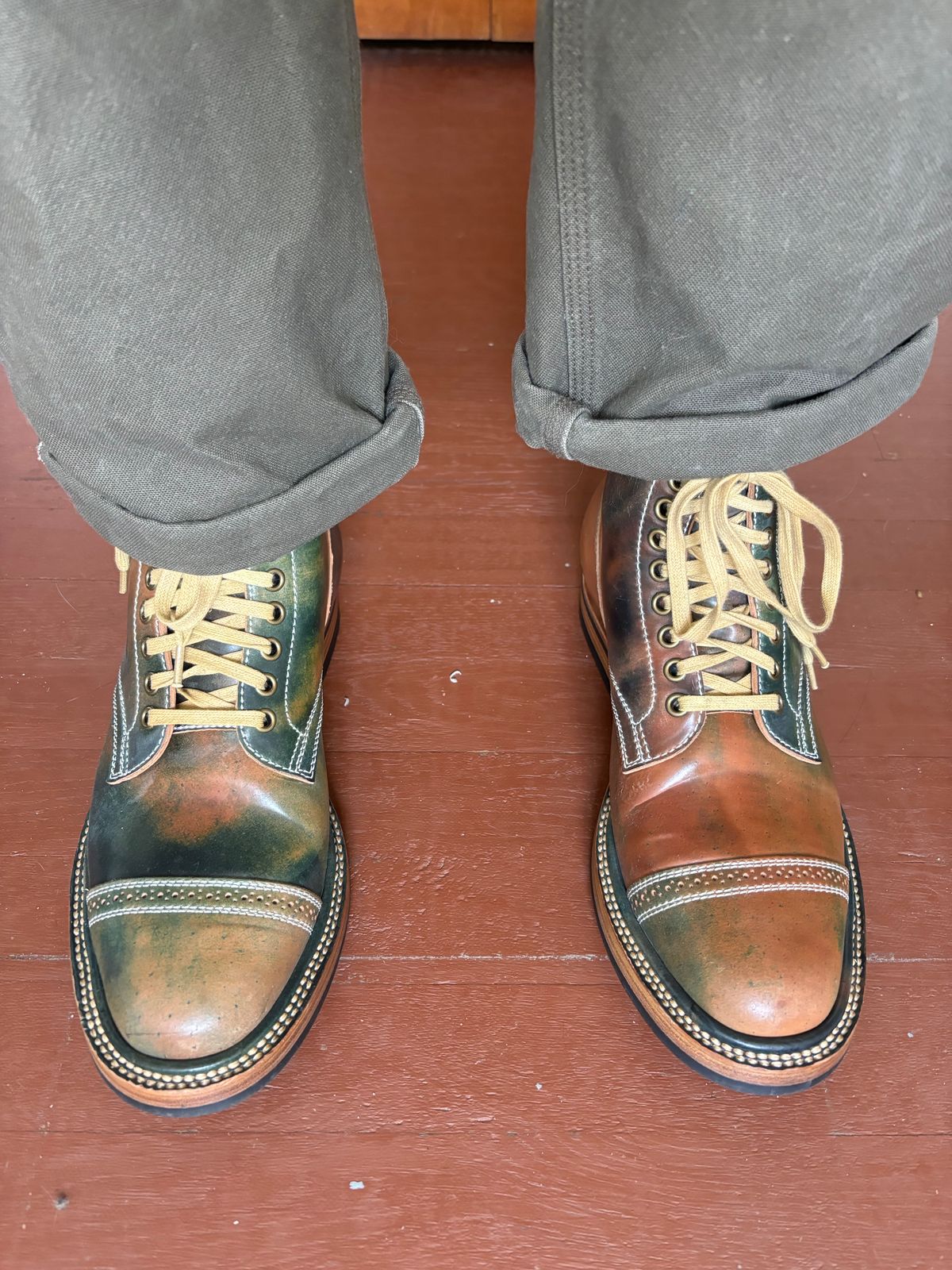 Photo by Oldmanblooming on June 24, 2024 of the Flame Panda Service Boot in Horween Marbled Black Shell Cordovan.