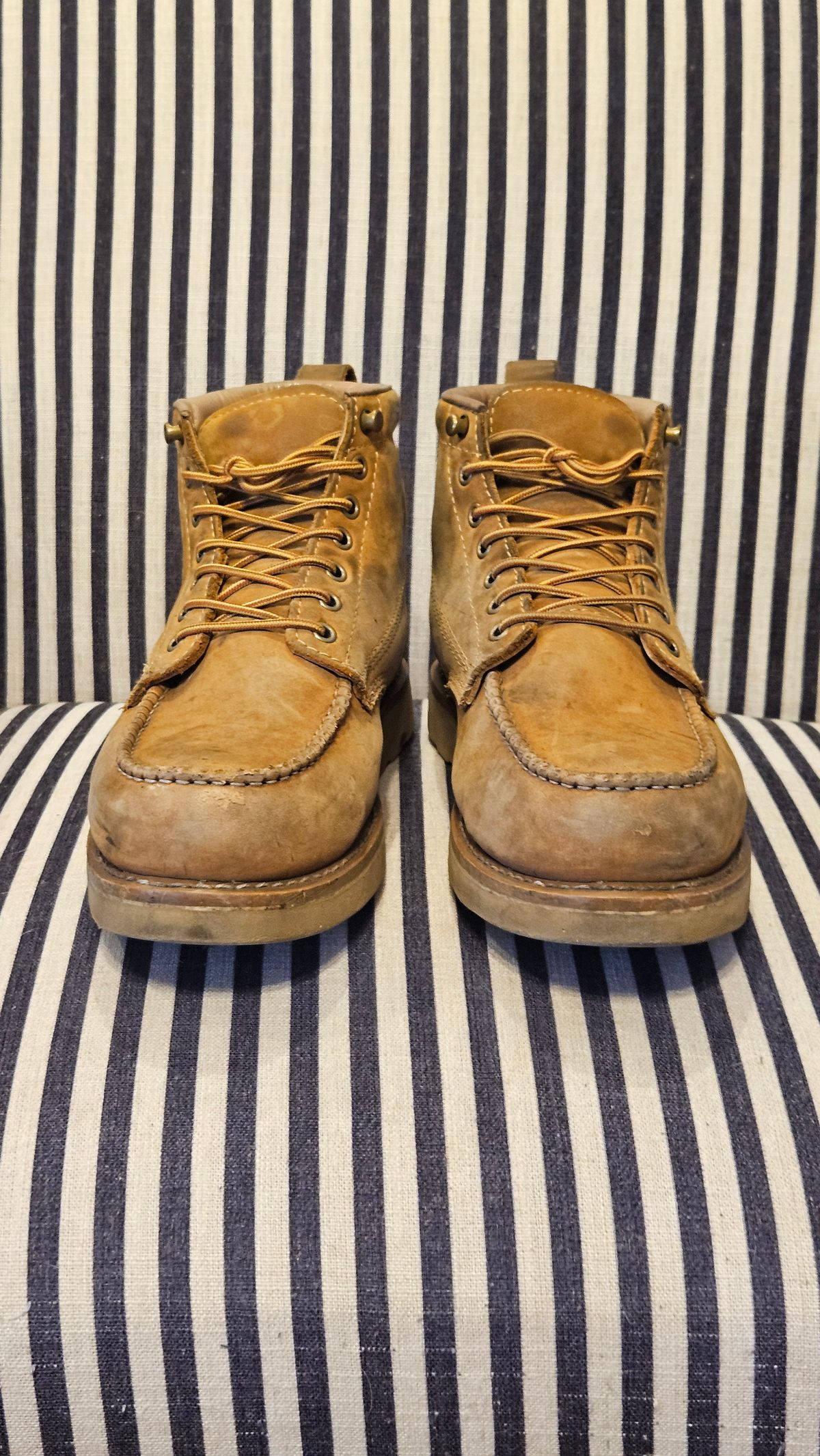 Photo by joeldelassus on February 2, 2025 of the Golden Fox Golden Fox / 6" Moc Toe Wedge Pro Work Boots in Golden Fox / Nubuck.