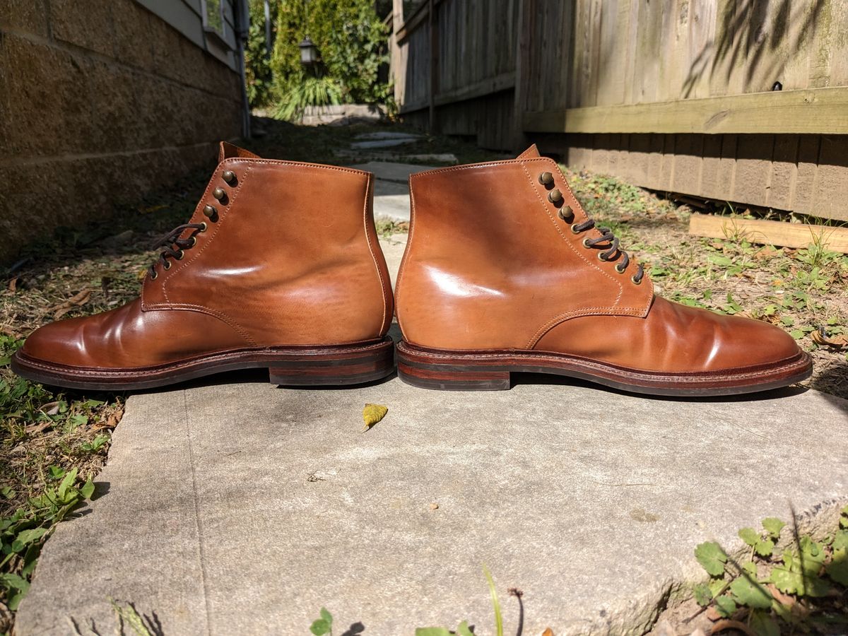 Photo by pck on September 19, 2023 of the Grant Stone Edward Boot in Horween Honey Glazed Shell Cordovan.