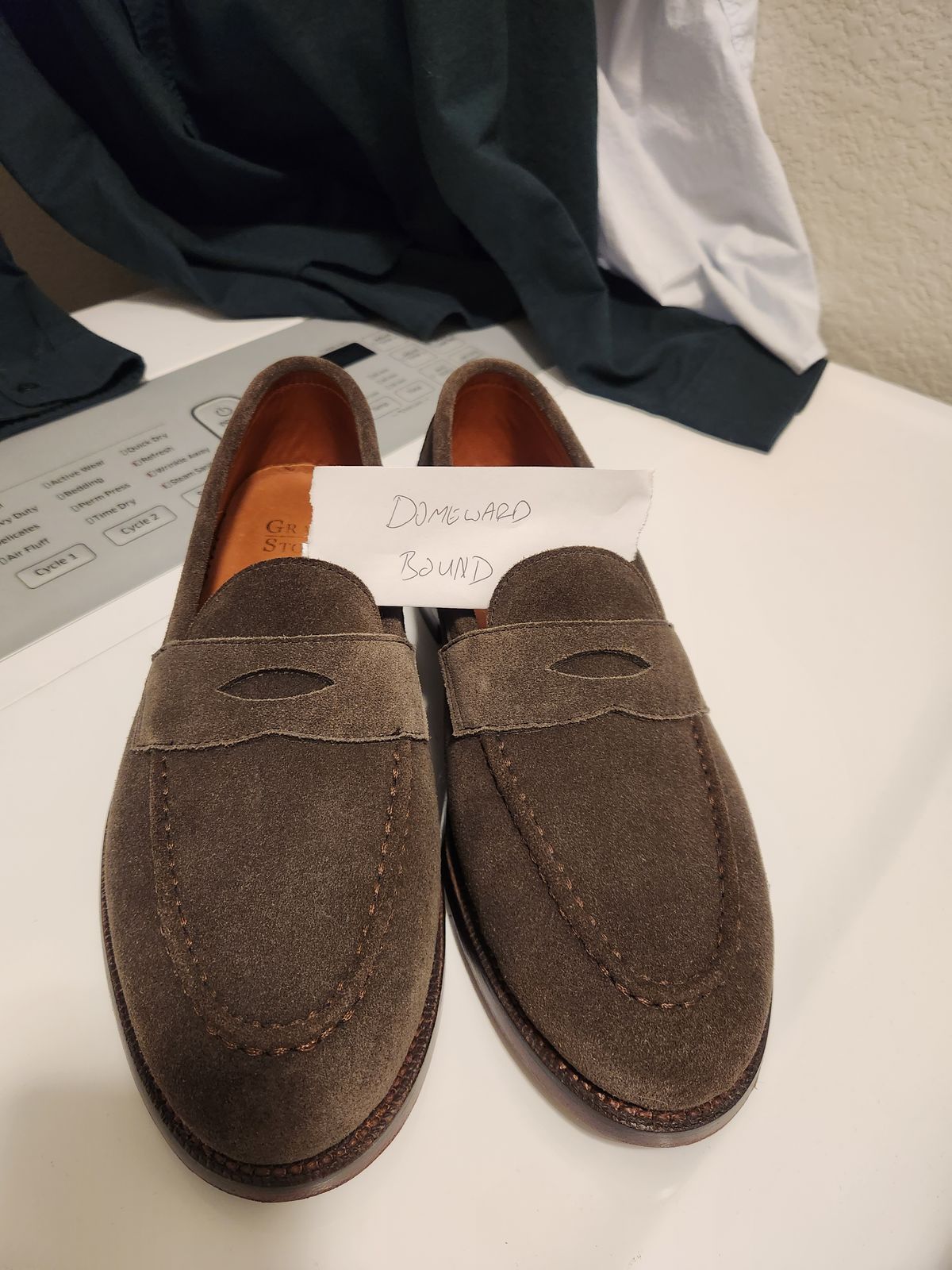 Photo by joemanji25 on October 1, 2023 of the Grant Stone Traveler Penny in C.F. Stead Loden Janus Calf Suede.