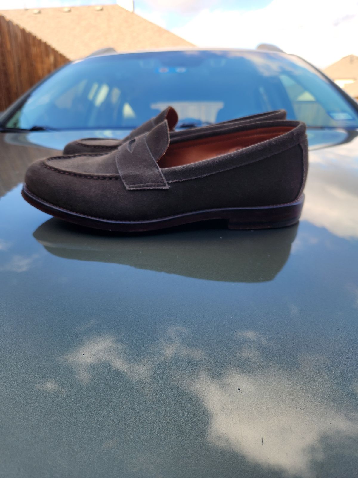 Photo by joemanji25 on January 5, 2024 of the Grant Stone Traveler Penny in C.F. Stead Loden Janus Calf Suede.