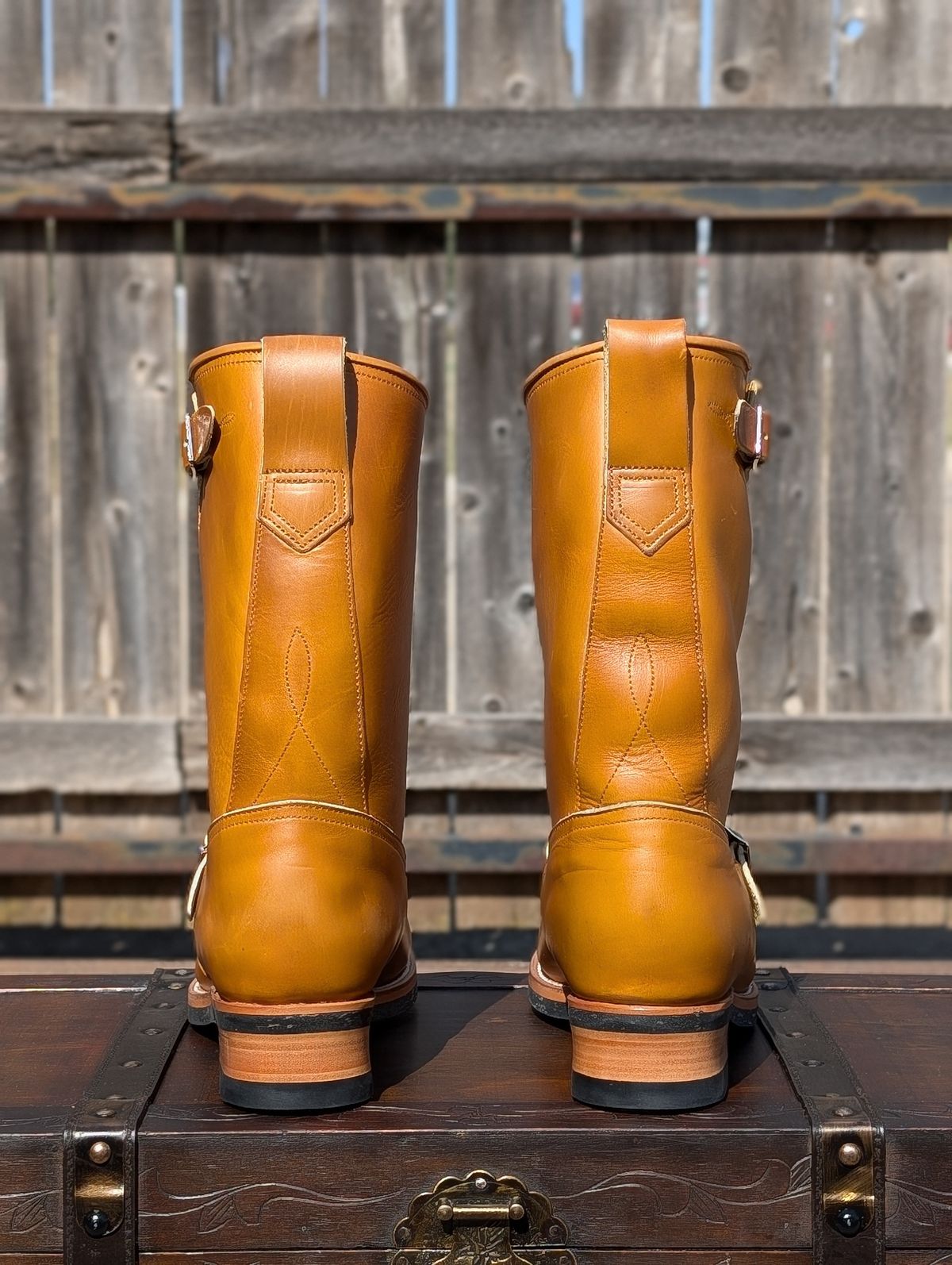 Photo by HealthyPatina on October 15, 2024 of the Bright Shoemakers Engineer Boot in Horween English Tan Cavalier (Chromexcel Variant).