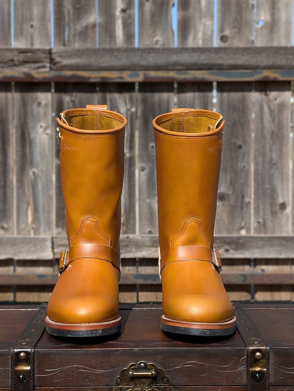 Photo by HealthyPatina on October 15, 2024 of the Bright Shoemakers Engineer Boot in Horween English Tan Cavalier (Chromexcel Variant).