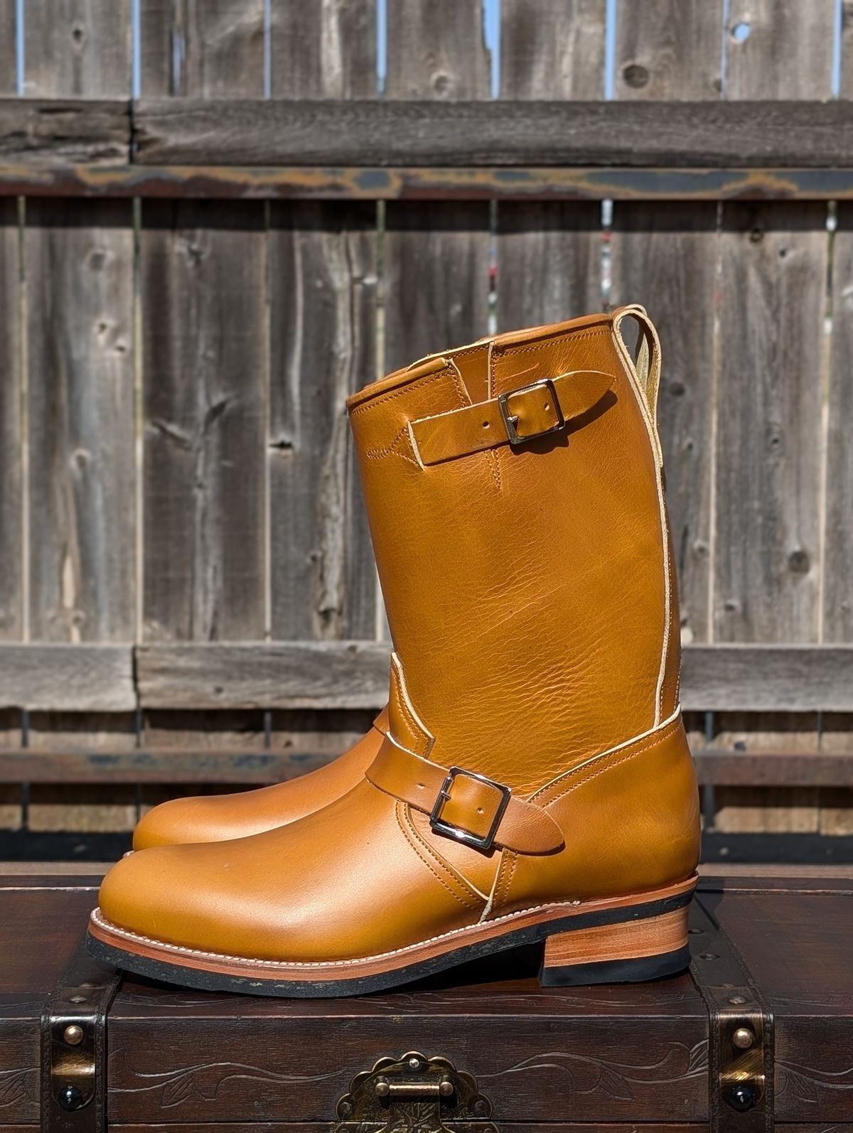 Photo by HealthyPatina on October 15, 2024 of the Bright Shoemakers Engineer Boot in Horween English Tan Cavalier (Chromexcel Variant).