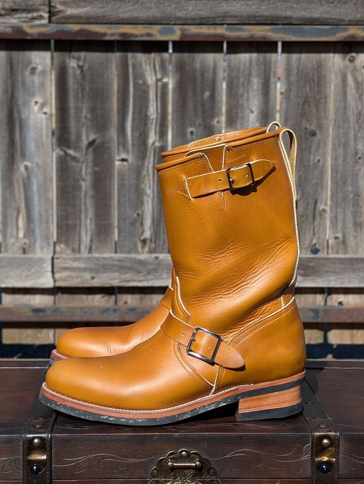 Photo by HealthyPatina on November 5, 2024 of the Bright Shoemakers Engineer Boot in Horween English Tan Cavalier (Chromexcel Variant).