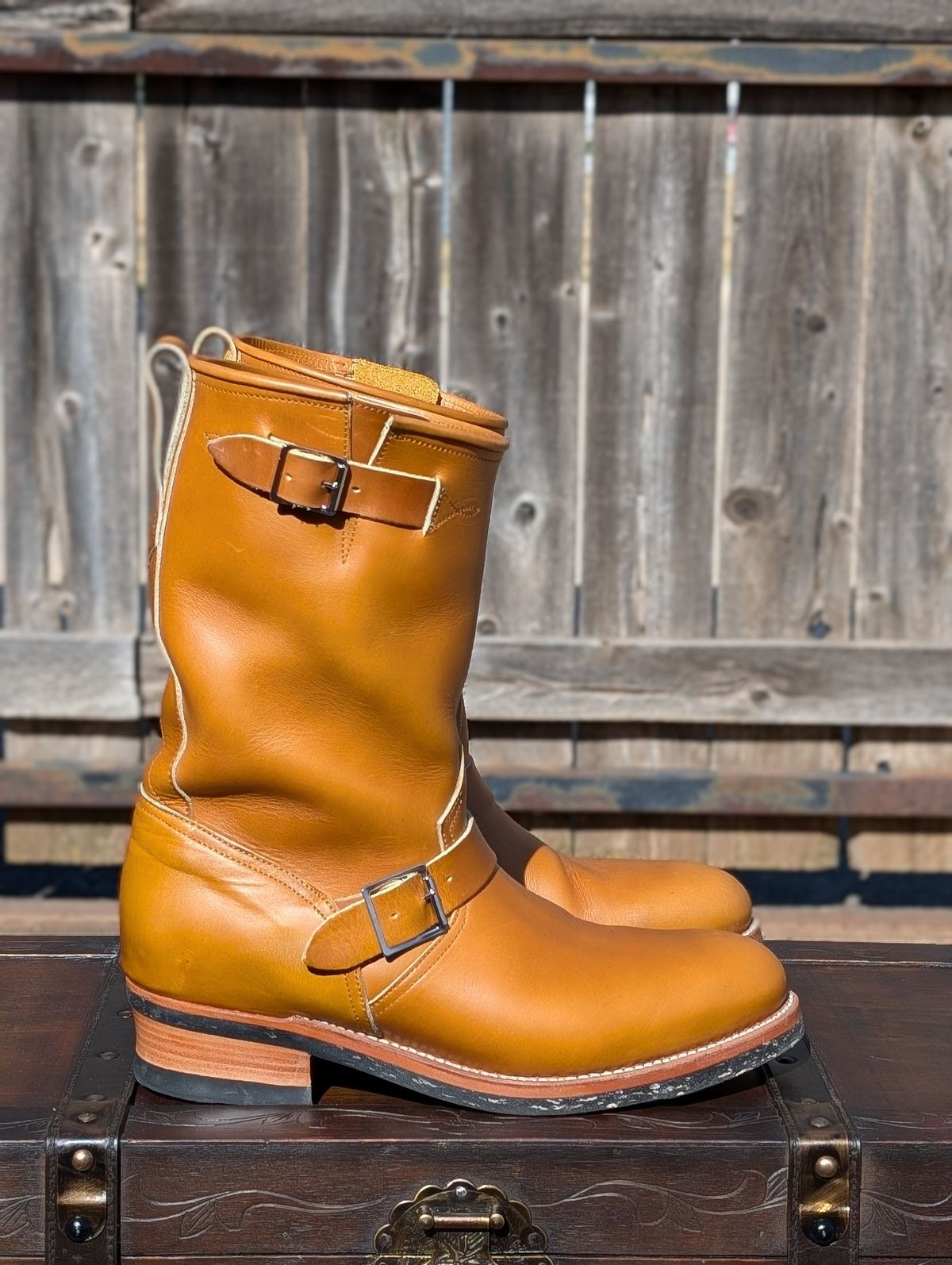 Photo by HealthyPatina on November 5, 2024 of the Bright Shoemakers Engineer Boot in Horween English Tan Cavalier (Chromexcel Variant).