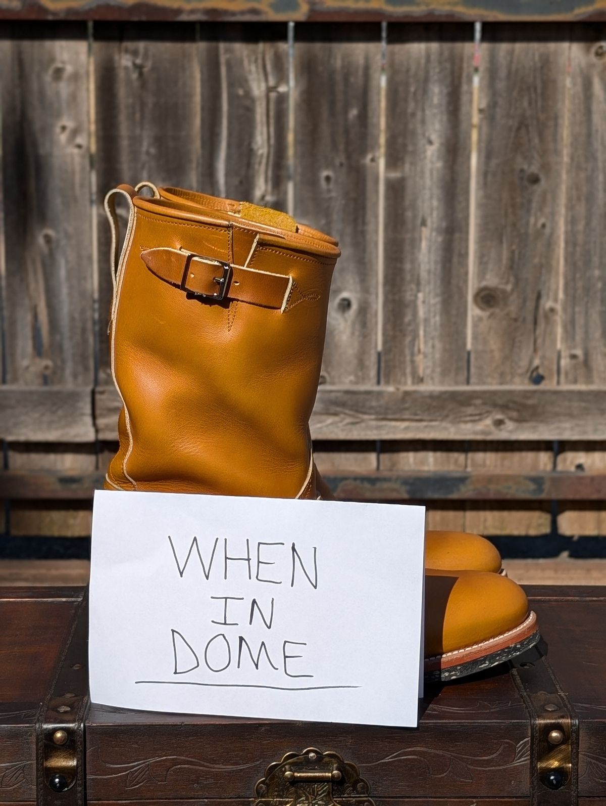 Photo by HealthyPatina on November 5, 2024 of the Bright Shoemakers Engineer Boot in Horween English Tan Cavalier (Chromexcel Variant).