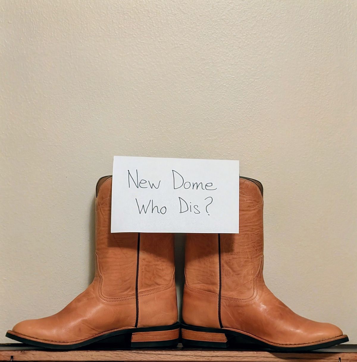 Photo by HealthyPatina on October 1, 2025 of the Rios by Mercedes (designed by Coronado Leather Co.) Roper Boot No.10 in Horween Natural Derby Front Quarter Horsehide.