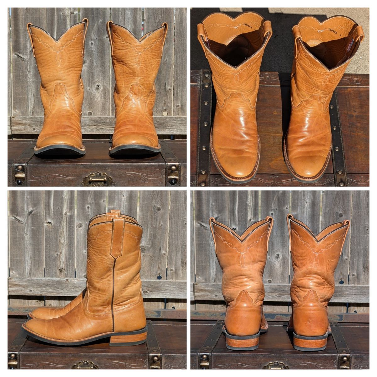 Photo by HealthyPatina on November 5, 2025 of the Rios of Mercedes (designed by Coronado Leather Co.) Roper Boot No.10 in Horween Natural Derby Front Quarter Horsehide.