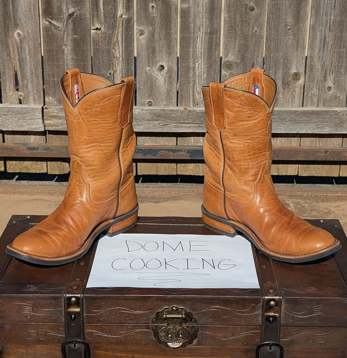 Photo by HealthyPatina on November 3, 2025 of the Rios of Mercedes (designed by Coronado Leather Co.) Roper Boot No.10 in Horween Natural Derby Front Quarter Horsehide.