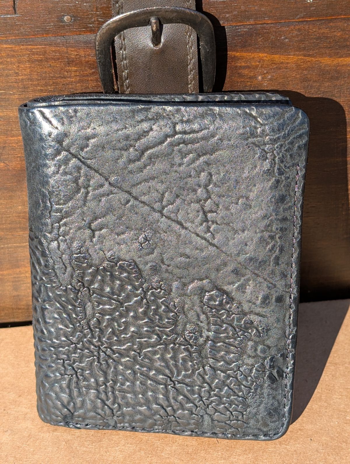 Photo by HealthyPatina on December 5, 2025 of the Ashland Leather Tall Fat Herbie in One-Off Horween Aspen Horsebutt (with shell intact) in Black.