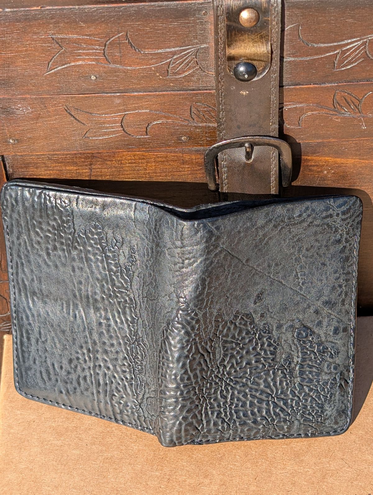 Photo by HealthyPatina on December 5, 2025 of the Ashland Leather Tall Fat Herbie in One-Off Horween Aspen Horsebutt (with shell intact) in Black.