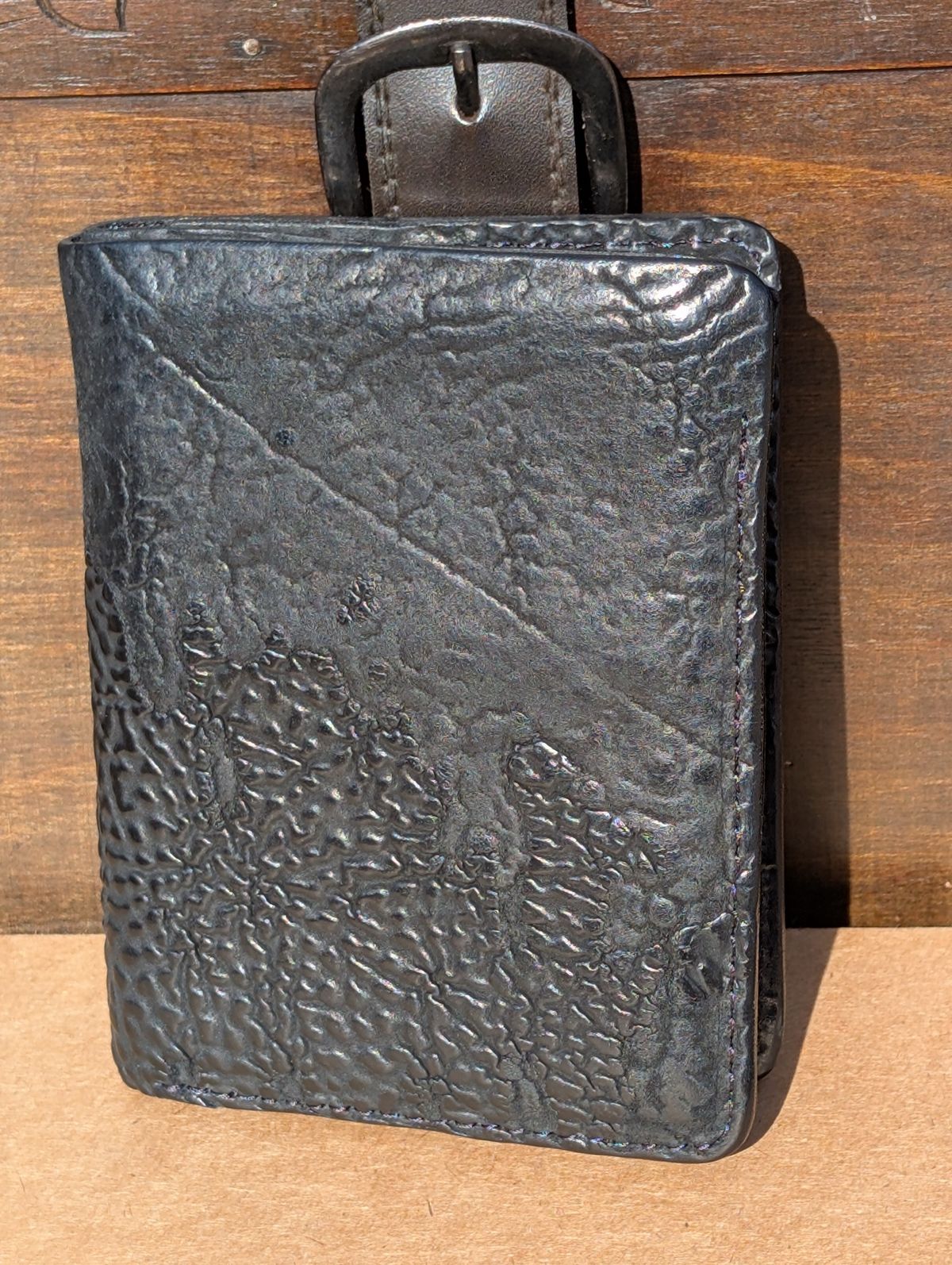 Photo by HealthyPatina on January 5, 2026 of the Ashland Leather Tall Fat Herbie in One-Off Horween Aspen Horsebutt (with shell intact) in Black.