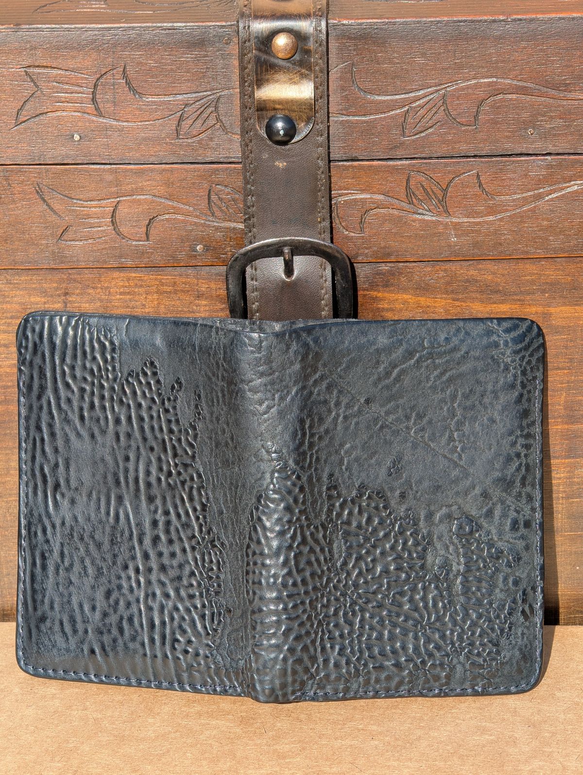 Photo by HealthyPatina on January 5, 2026 of the Ashland Leather Tall Fat Herbie in One-Off Horween Aspen Horsebutt (with shell intact) in Black.