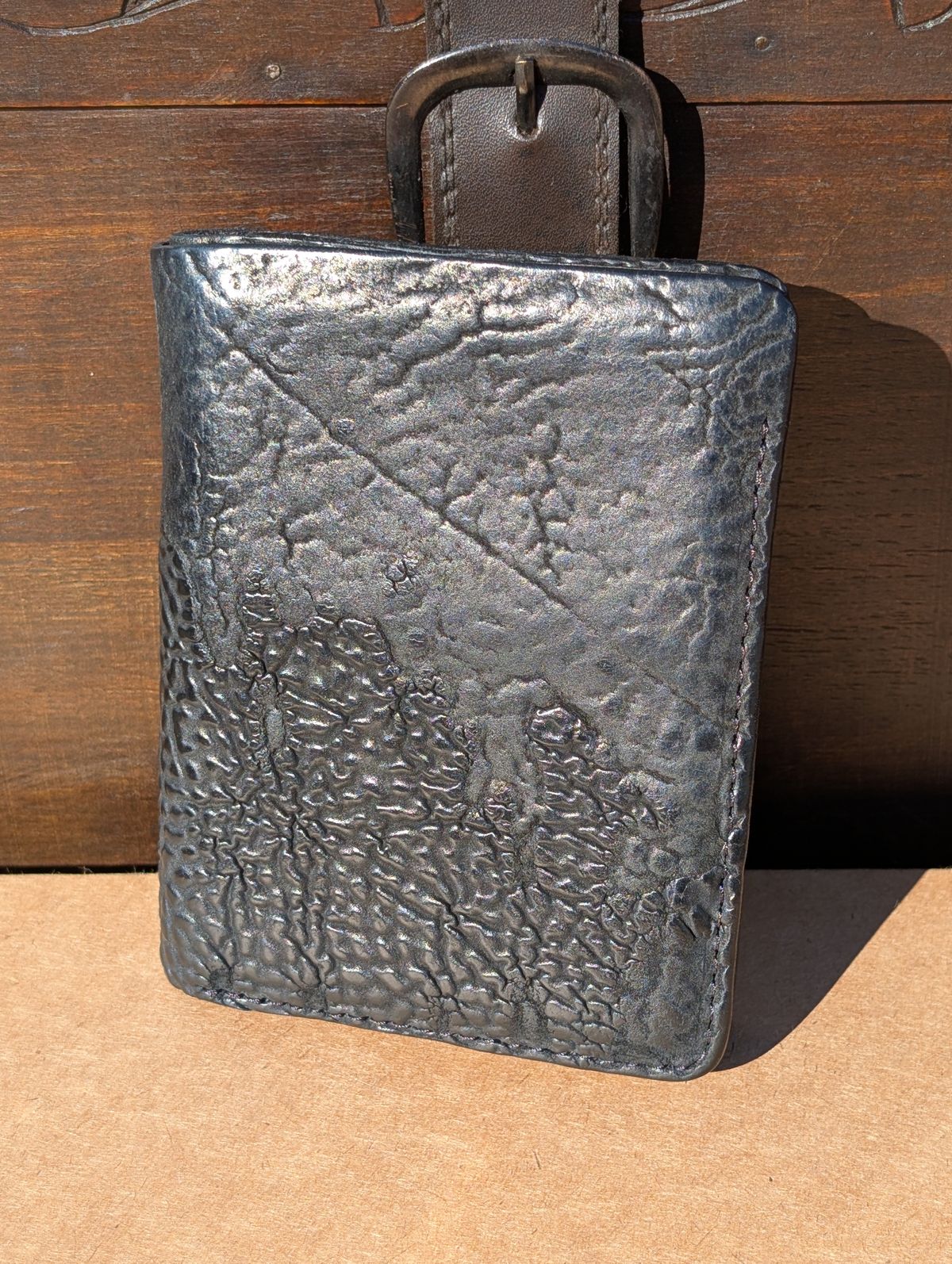 Photo by HealthyPatina on February 1, 2026 of the Ashland Leather Tall Fat Herbie in One-Off Horween Aspen Horsebutt (with shell intact) in Black.