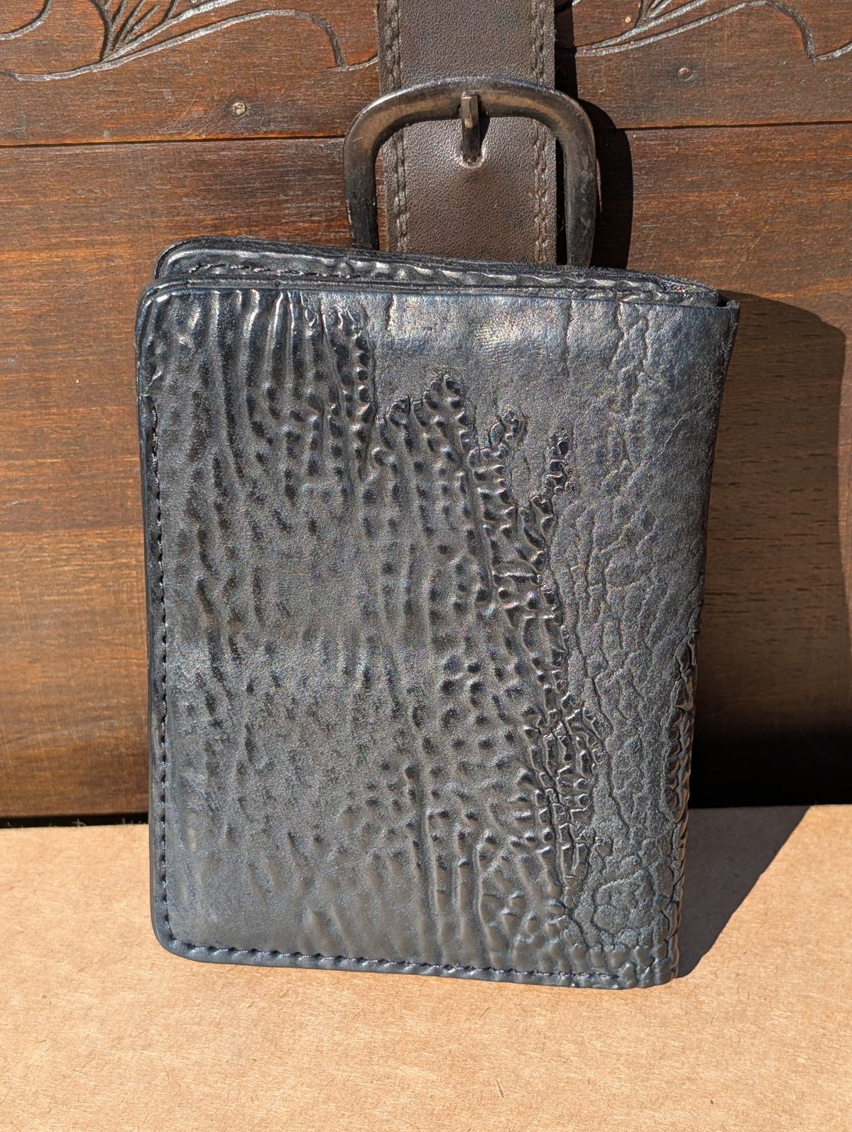 Photo by HealthyPatina on February 1, 2026 of the Ashland Leather Tall Fat Herbie in One-Off Horween Aspen Horsebutt (with shell intact) in Black.