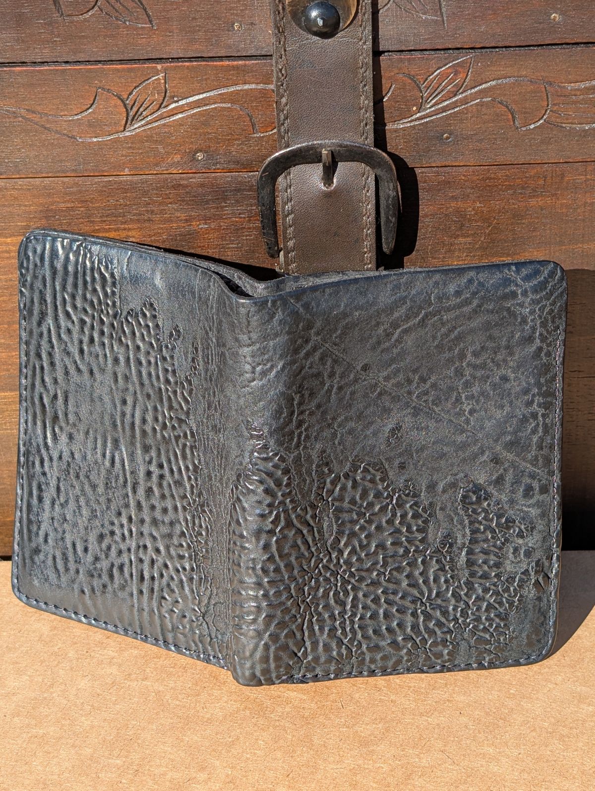 Photo by HealthyPatina on February 1, 2026 of the Ashland Leather Tall Fat Herbie in One-Off Horween Aspen Horsebutt (with shell intact) in Black.