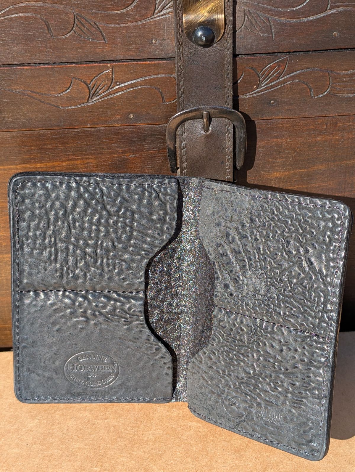 Photo by HealthyPatina on February 1, 2026 of the Ashland Leather Tall Fat Herbie in One-Off Horween Aspen Horsebutt (with shell intact) in Black.