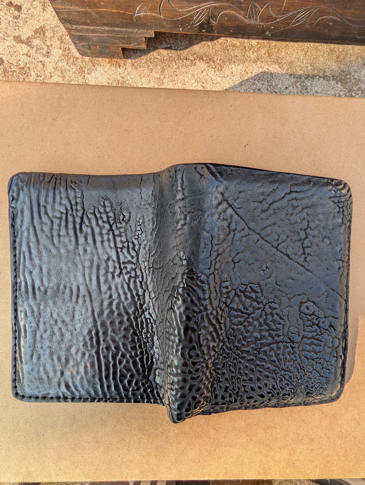 Photo by HealthyPatina on March 2, 2026 of the Ashland Leather Tall Fat Herbie in One-Off Horween Aspen Horsebutt (with shell intact) in Black.