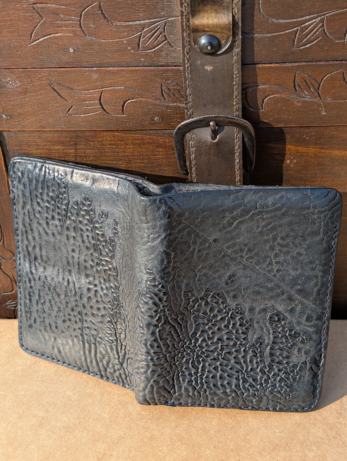 Photo by HealthyPatina on March 2, 2026 of the Ashland Leather Tall Fat Herbie in One-Off Horween Aspen Horsebutt (with shell intact) in Black.