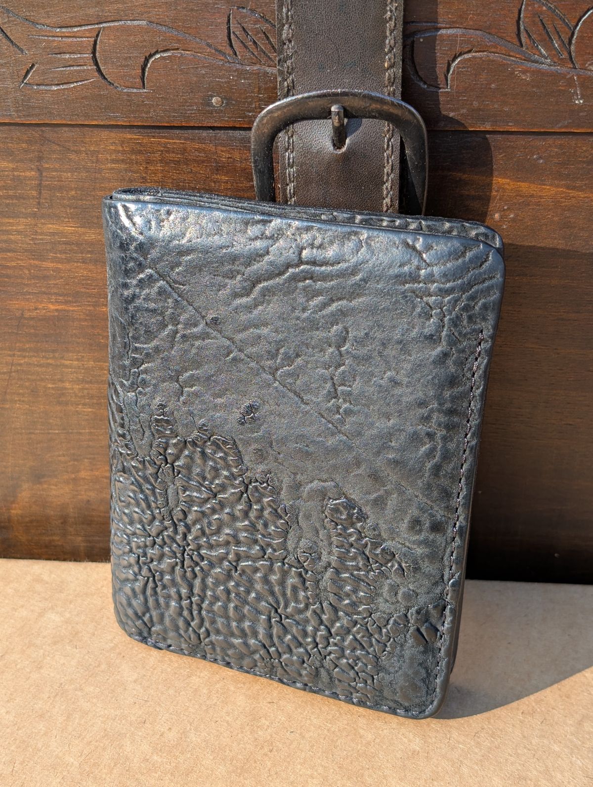 Photo by HealthyPatina on March 2, 2026 of the Ashland Leather Tall Fat Herbie in One-Off Horween Aspen Horsebutt (with shell intact) in Black.