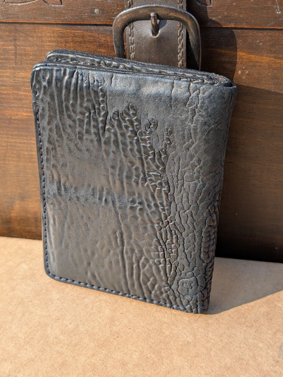 Photo by HealthyPatina on March 2, 2026 of the Ashland Leather Tall Fat Herbie in One-Off Horween Aspen Horsebutt (with shell intact) in Black.