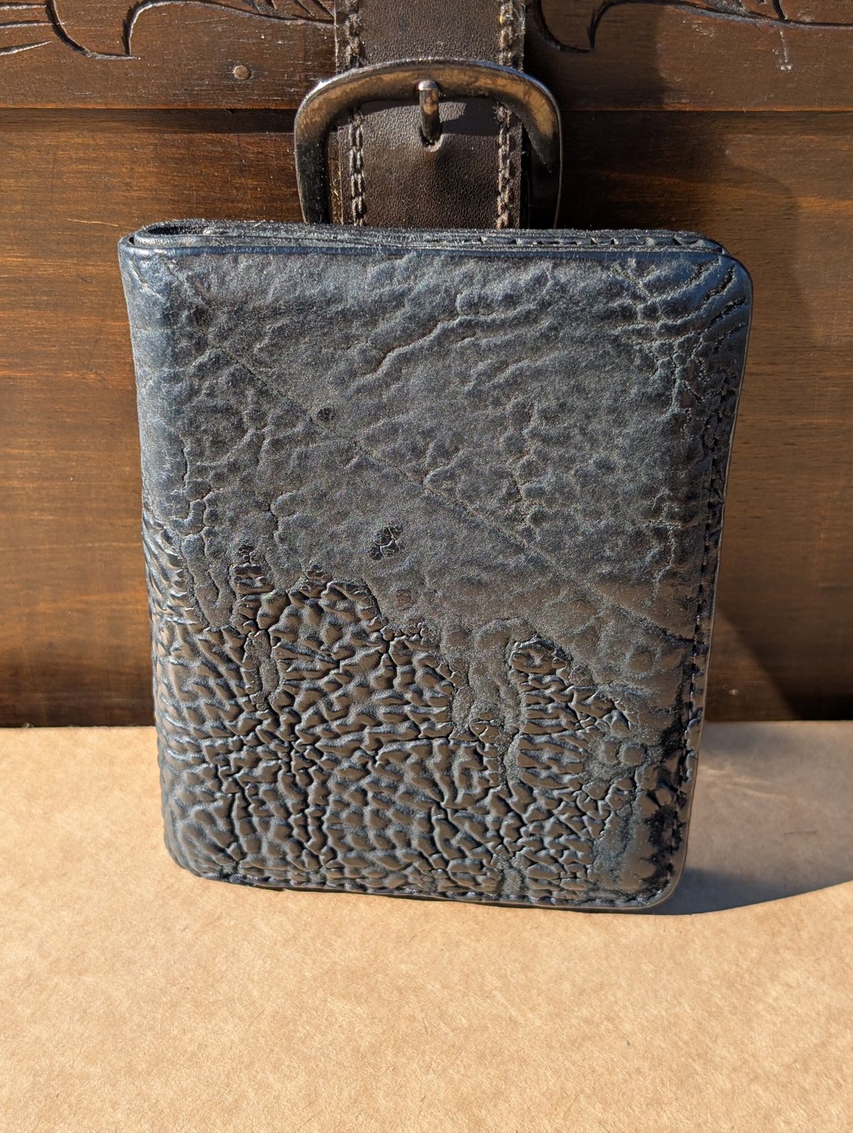 Photo by HealthyPatina on April 5, 2026 of the Ashland Leather Tall Fat Herbie in One-Off Horween Aspen Horsebutt (with shell intact) in Black.