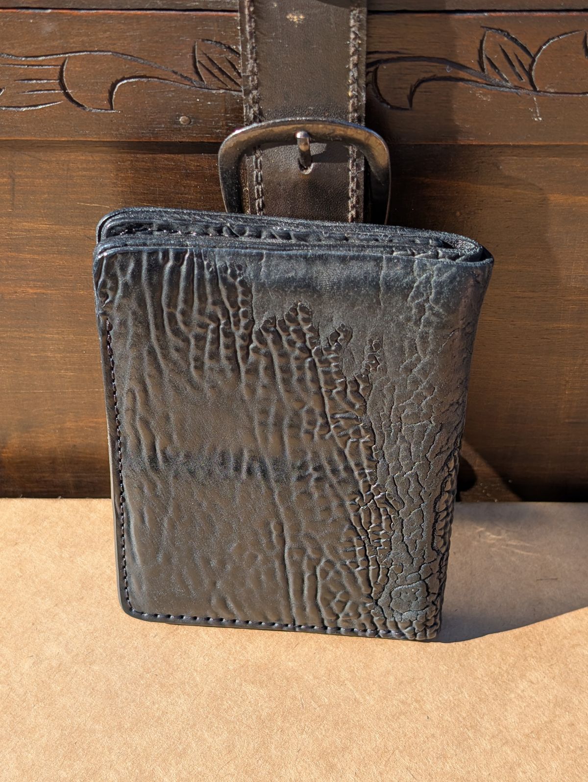 Photo by HealthyPatina on April 5, 2026 of the Ashland Leather Tall Fat Herbie in One-Off Horween Aspen Horsebutt (with shell intact) in Black.