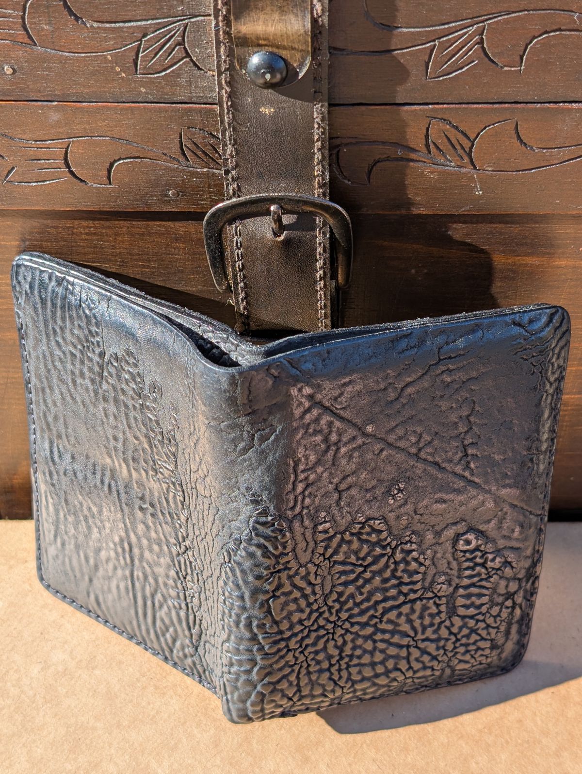 Photo by HealthyPatina on April 5, 2026 of the Ashland Leather Tall Fat Herbie in One-Off Horween Aspen Horsebutt (with shell intact) in Black.