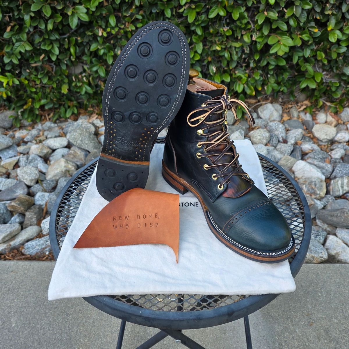 Photo by kananaios on October 4, 2025 of the Unmarked DB Hunter Cap Toe in Horween Navy Chromexcel.