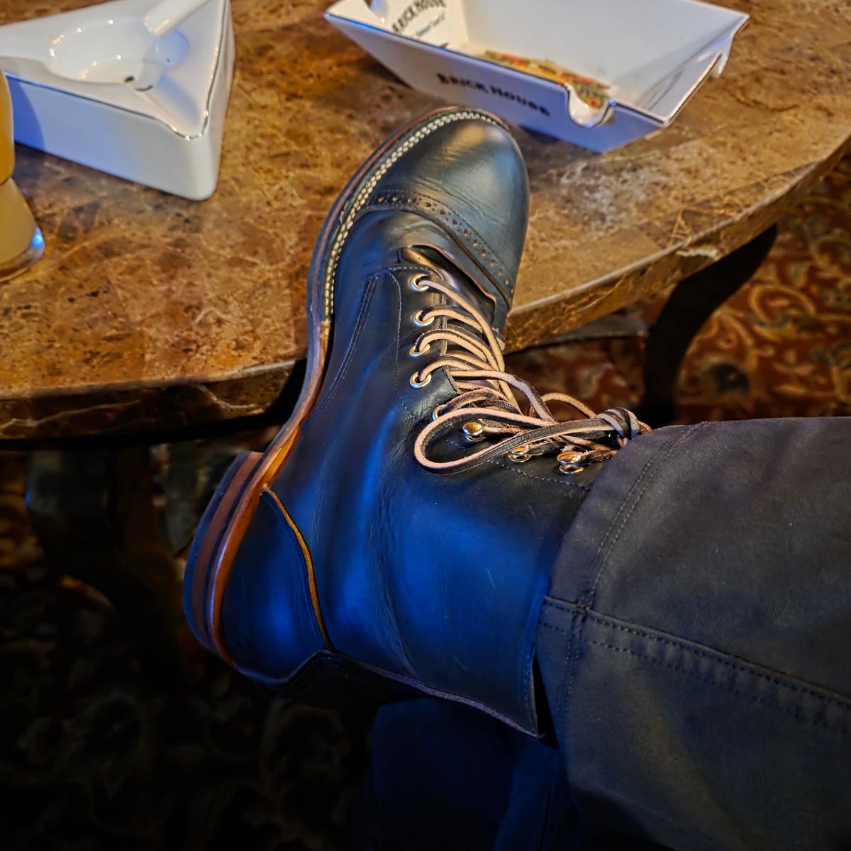 Photo by kananaios on December 19, 2025 of the Unmarked DB Hunter Cap Toe in Horween Navy Chromexcel.