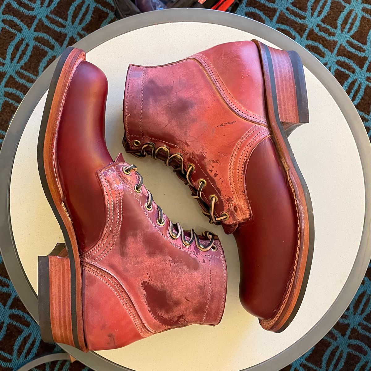 Photo by Nuc on October 2, 2024 of the Nick's Boots MTO in Wickett & Craig Double Stuffed Crimson.